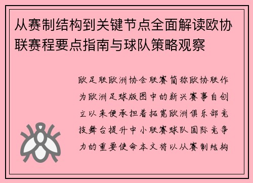 从赛制结构到关键节点全面解读欧协联赛程要点指南与球队策略观察
