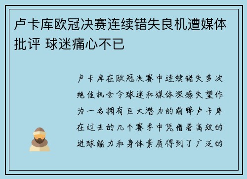 卢卡库欧冠决赛连续错失良机遭媒体批评 球迷痛心不已