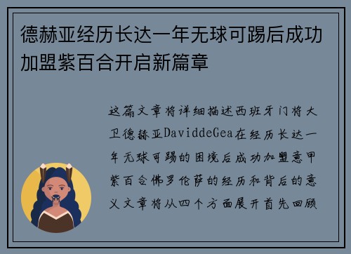 德赫亚经历长达一年无球可踢后成功加盟紫百合开启新篇章